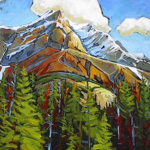 Impressionist, warm toned painting of Cascade Mountain with soaring view at its peaks from Tunnel Mountain Road in Banff
