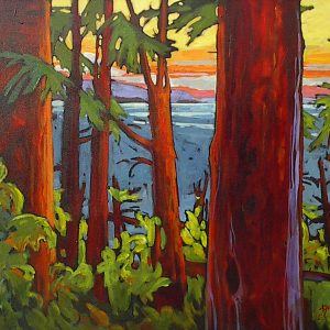 Coastal view through the trees, large contemporary landscape painting by Gail Johnson