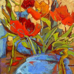 Vibrant Still life with tulips in bright cobalt blue vase