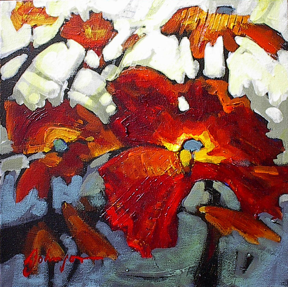 Small abstracted red poppy painting