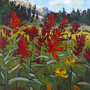 Impressive large painting of summer meadow with red wildflowers