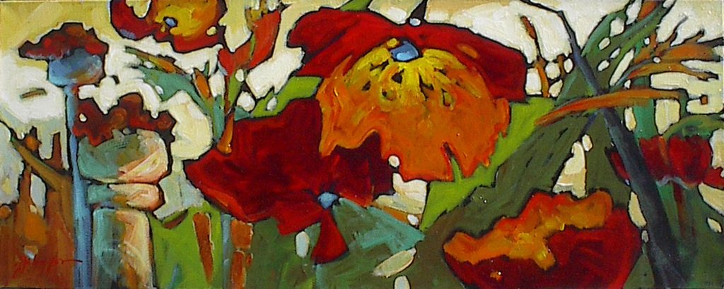 Long, narrow horizontal painting of impressionist red poppies evocative of Tuscany, in saturated earthy tones or burnt orange, warm greens, touches of blue, tan and bright ocher