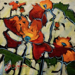 Abstracted red poppies painting with deal outline