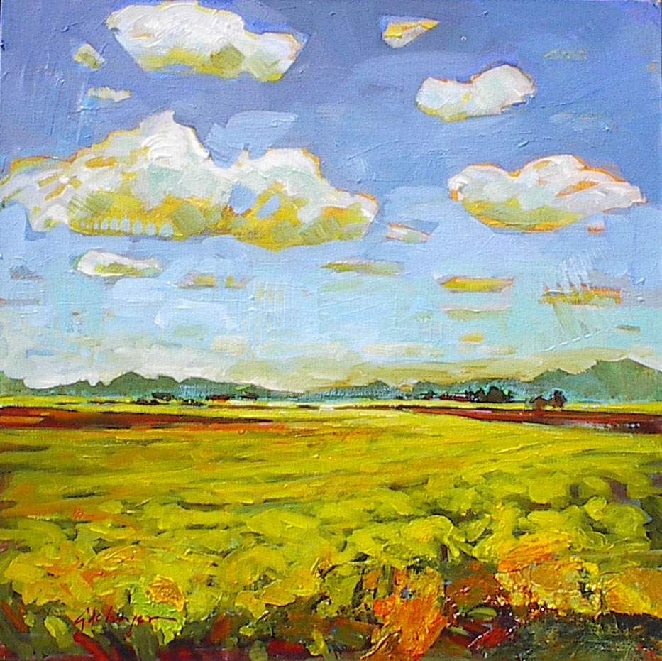 Painting of blue sky with puffy clouds above golden fields