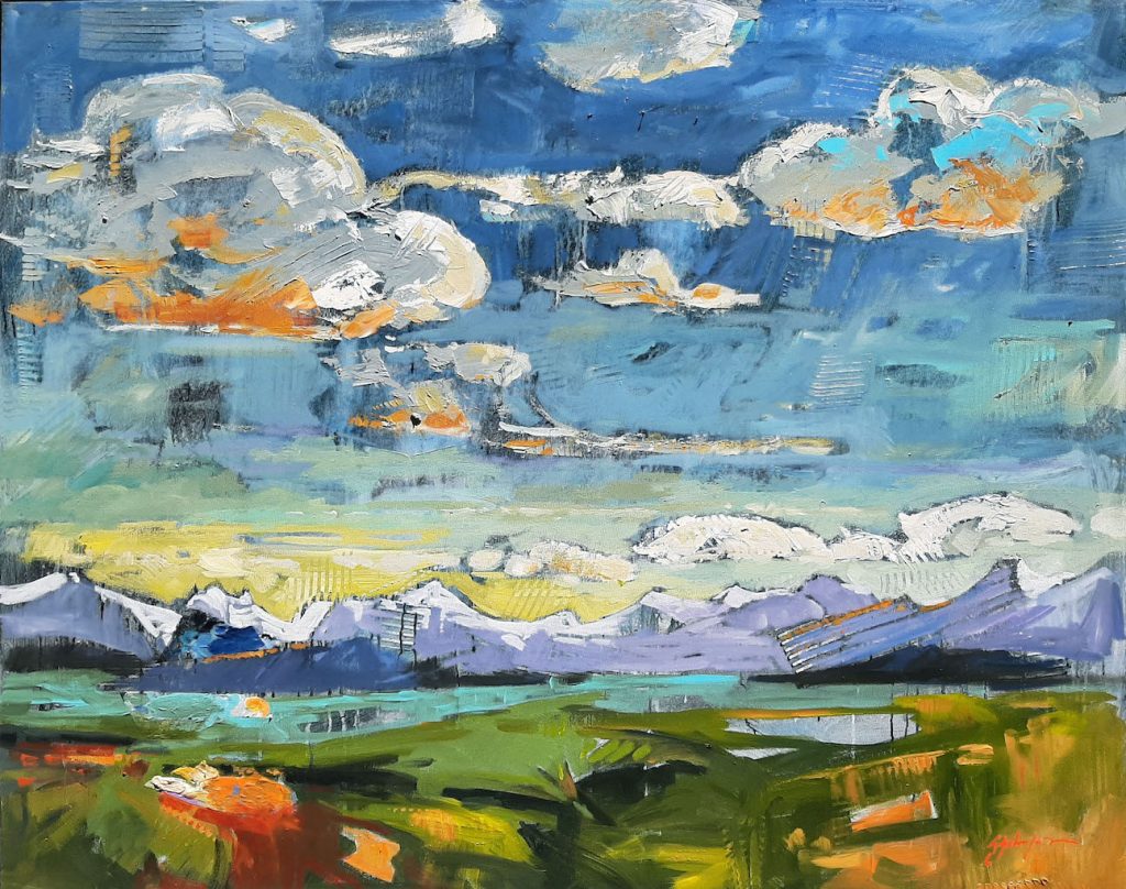 Expressive, textured, bold brushed landscape with clouds in blue, green, white, teal and burnt orange