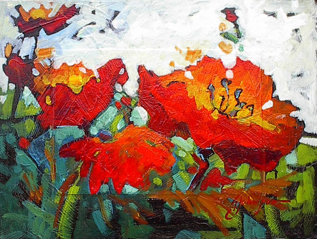 Textured painting of red poppies