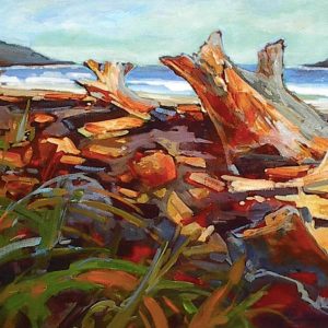 Expressive painting of driftwood on a beach, West Coast expressions