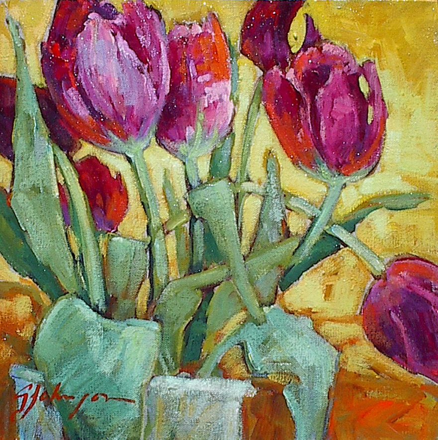 Painting of deep red tulips, still life