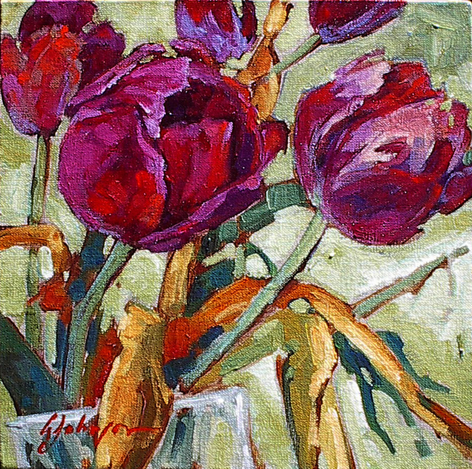 Painting of deep red tulips