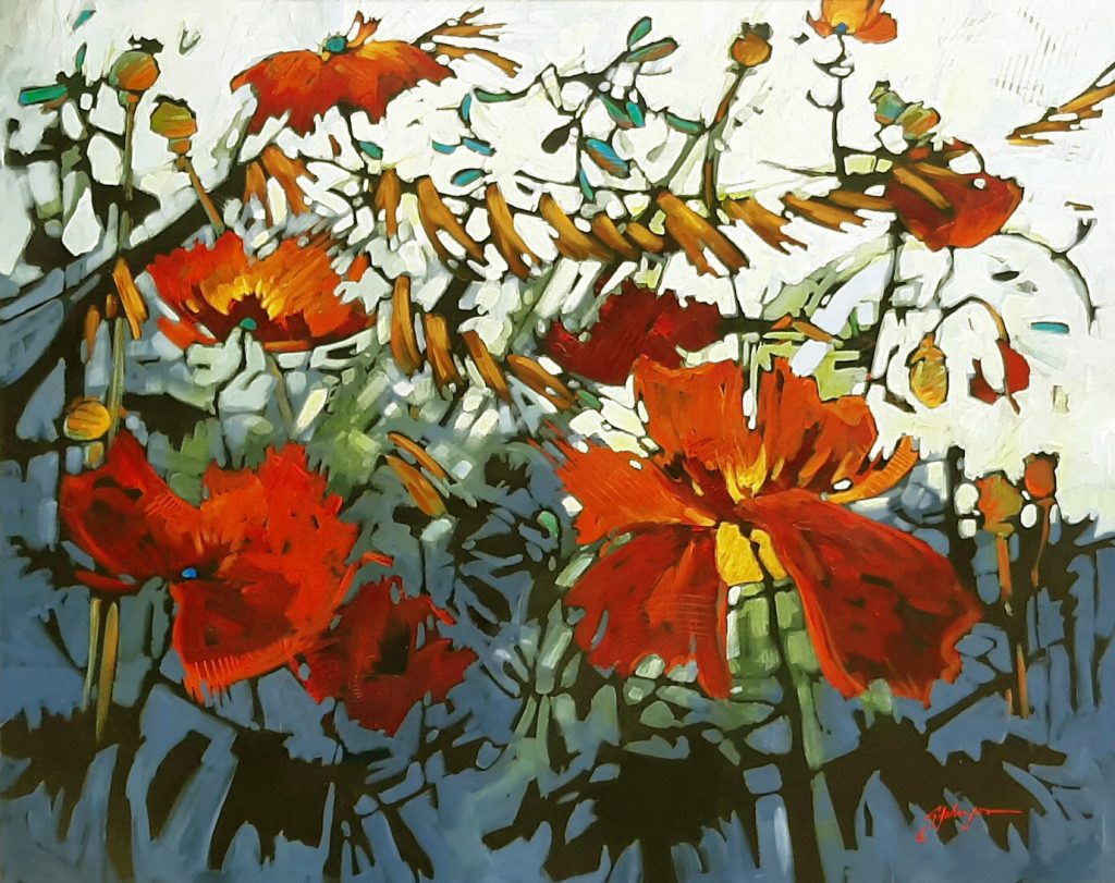 Large impressionist red poppies painting with white, green and black background