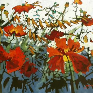 Large impressionist red poppies painting with white, green and black background