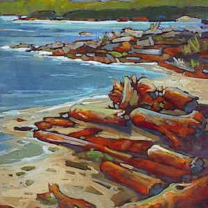 Expressive painting of Vancouver Island's costal landscape with logs on the beach