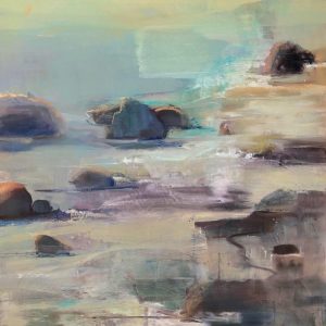 Semi-abstract oil painting, shoreline with sand, rocks and water