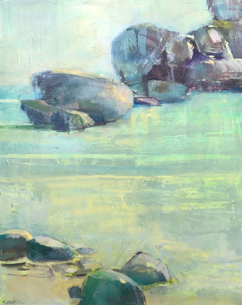 Abstracted oil painting of rocks on the shoreline, teal, brown, yellow