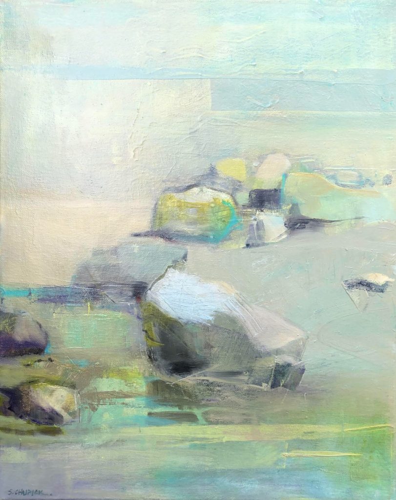 Abstracted coastal landscape in oil. Rocks, sand, water, pastel yellows and teals