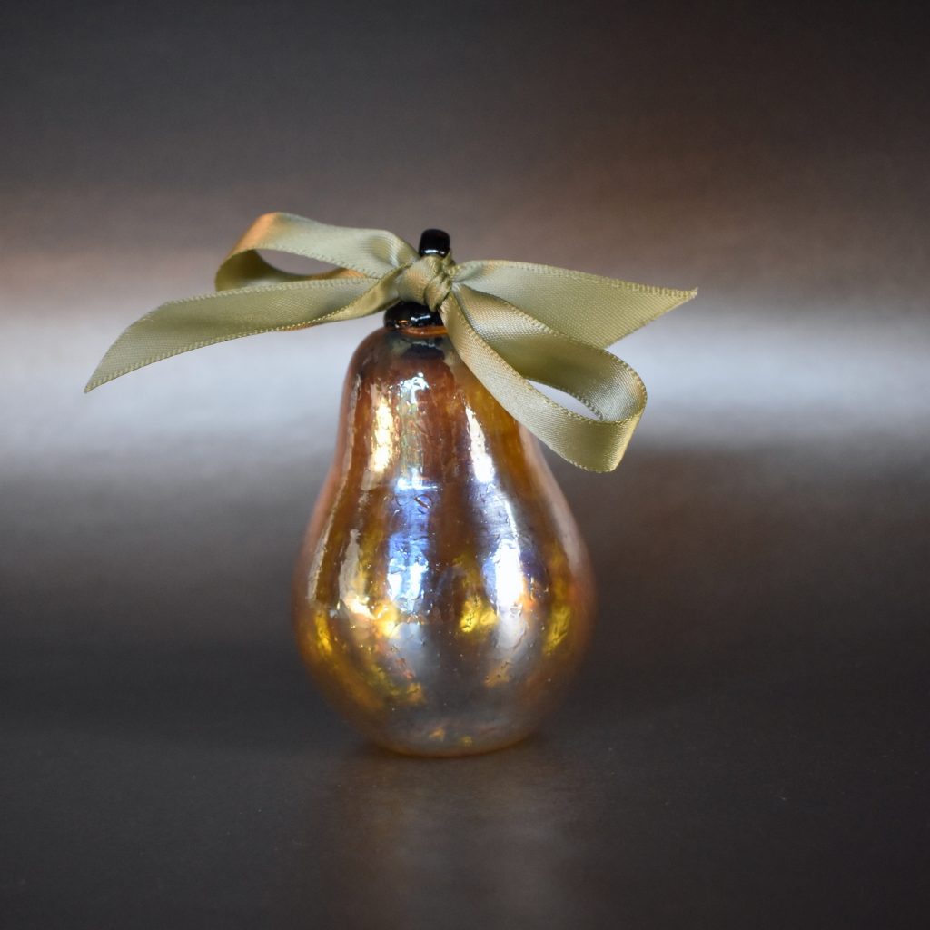 Golden Pear Glass Ornament with a ribbon