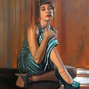 Contemporary figurative painting of a young woman in striped dress