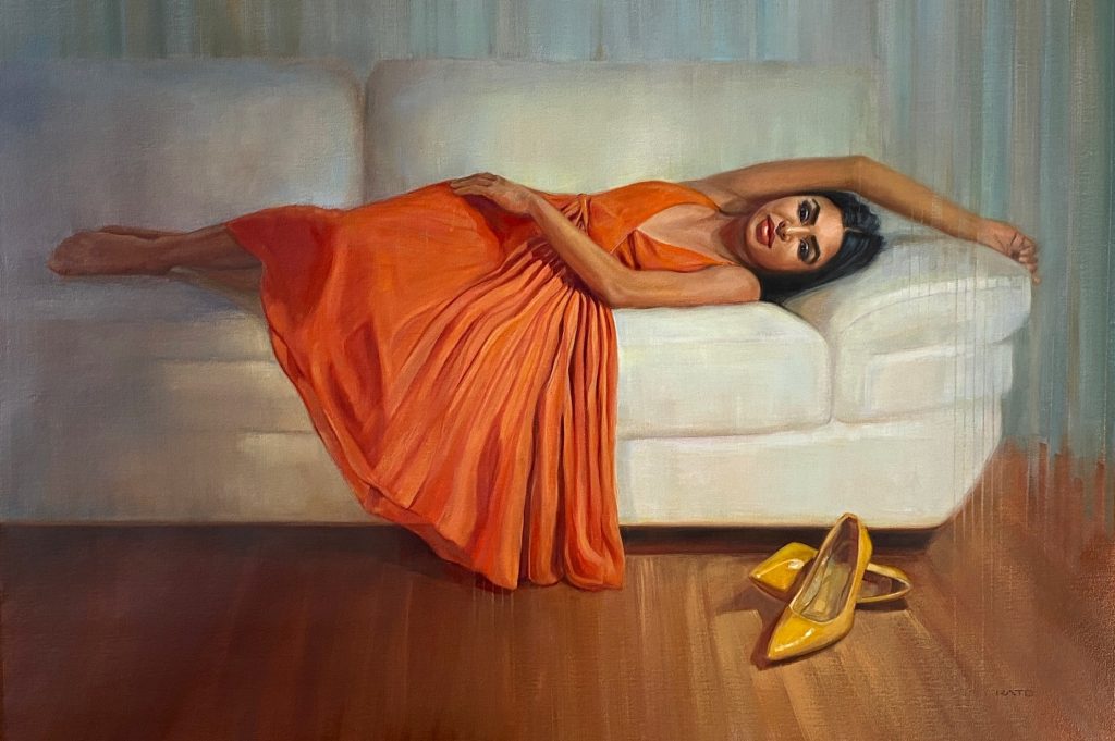 Painting of a woman in orange dress reclined on a sofa