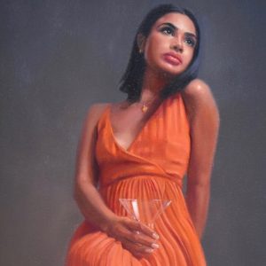 Painting of elegant young woman in orange dress