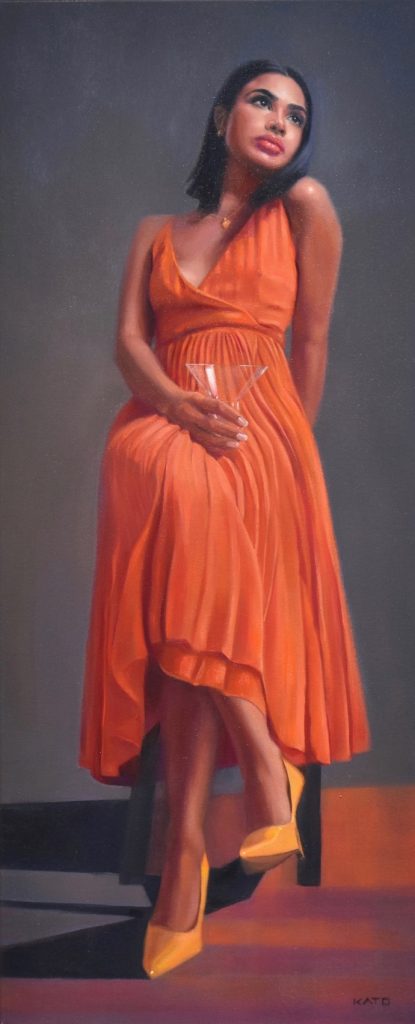 Painting of elegant young woman in orange dress