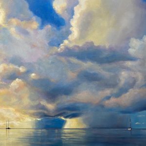 Painting of luminous clouds over the water in yellow and blue