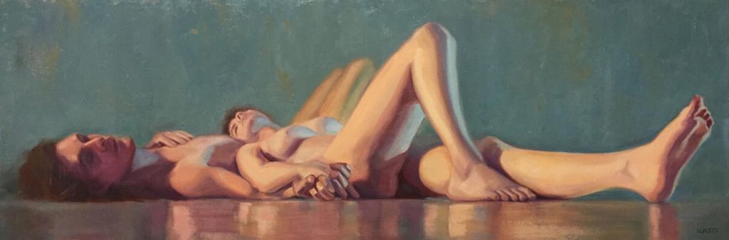 Painting of a nude couple relaxing, their bodies reflecting on the glossy floor surface