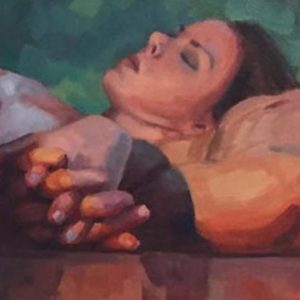 Original oil painting of a nude couple resting on a floor, holding hands