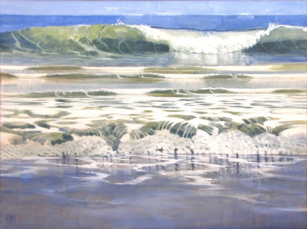 Seascape Painting, cresting way and sea foam on sandy beach