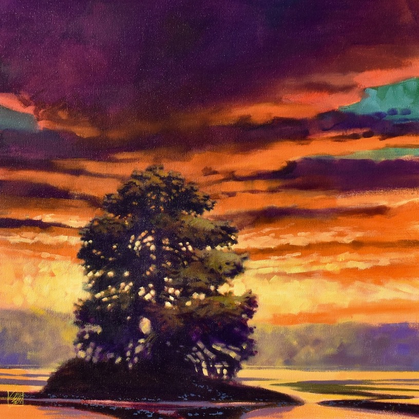 Painting of sunset with a tree against orange, yellow, purple and teal sky