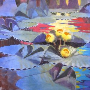Painting of Yellow Water Lillies in blue, yellow and red