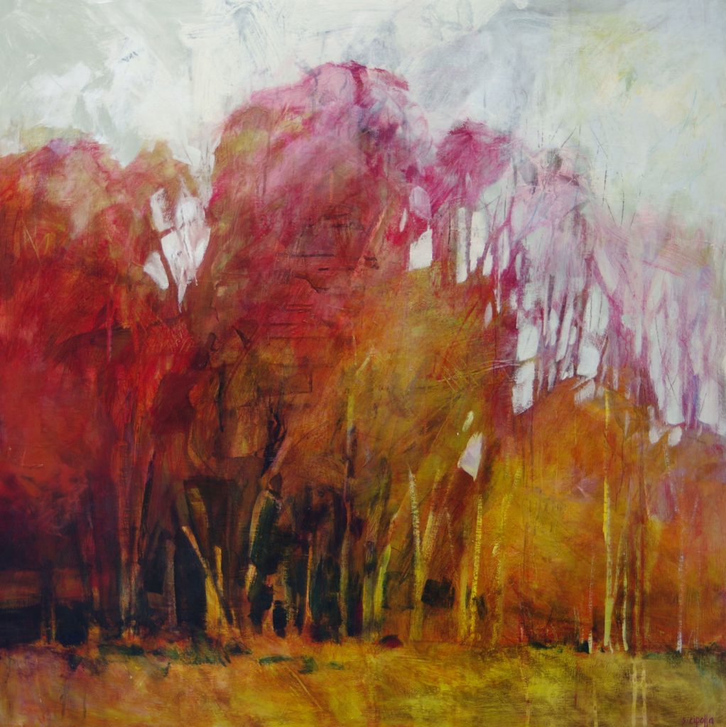 Abstracted contemporary painting of autumn trees