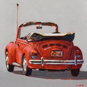 Painting of rear view of a red convertible Beetle,