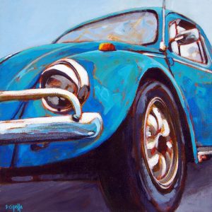 Animated painting of blue Volkswagen bug, steering to the left