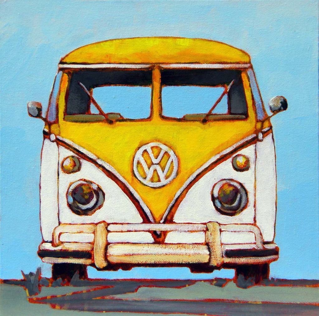 Yellow and white VW Bus painted with that retro vibe against blue skies
