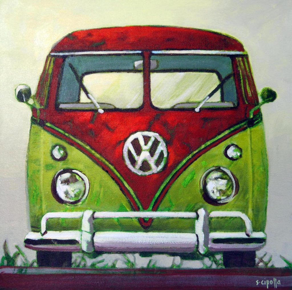 Painting of Red and Green Volkswagen Bus