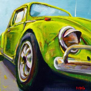 Animated painting of green Vokswagen Bug