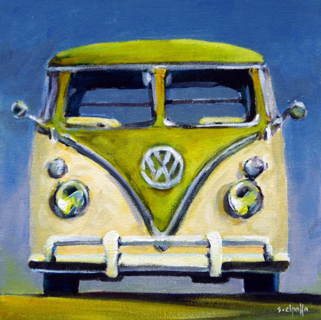 Painting of Lime Green and White Voklswagen Bus