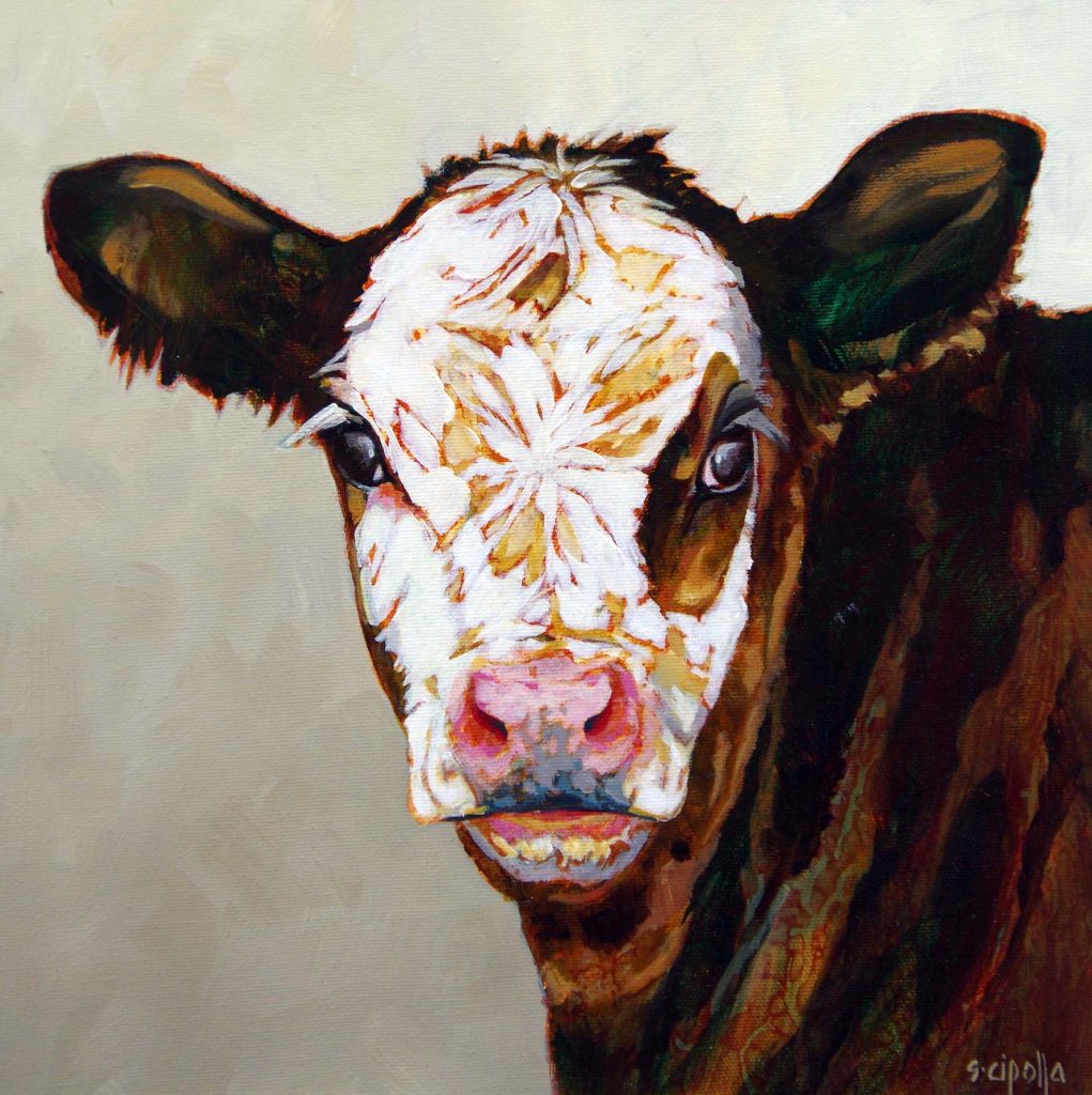 Expressive painting of a cow with white face and brown coloured patch on the left eye