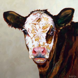 Expressive painting of a cow with white face and brown coloured patch on the left eye