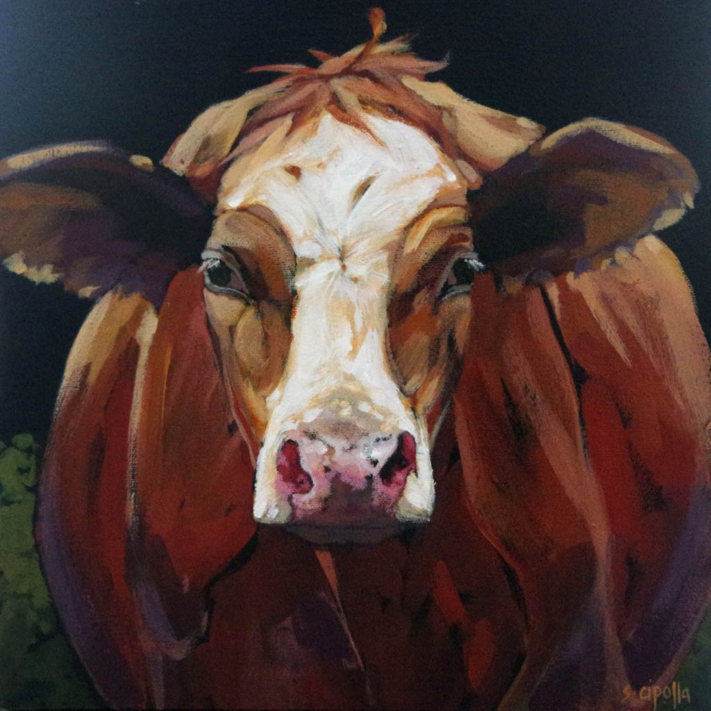 Painting of a big brown cow with white face looking strait at a viewer