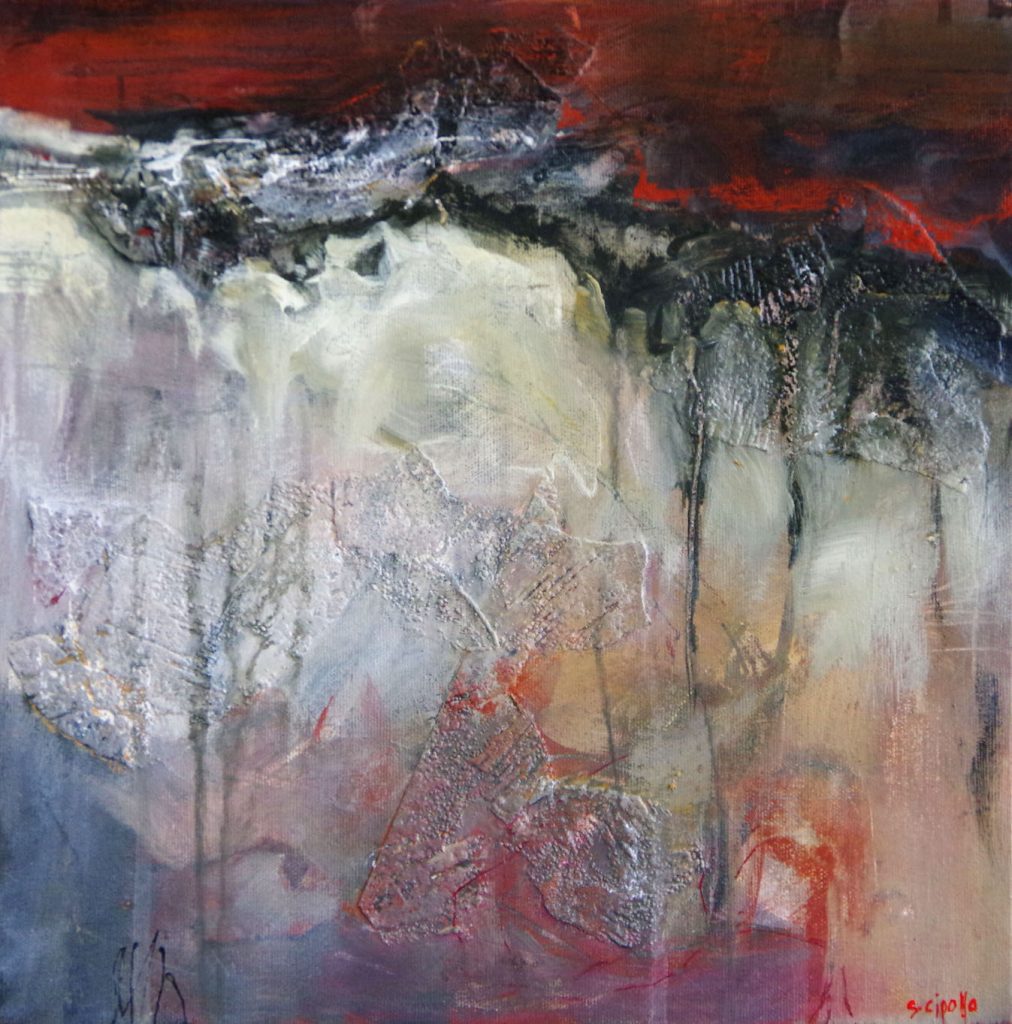 Dramatic abstracted painting with red, black and white