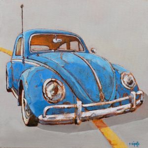 Small car painting of Blue Volkswagen But on the yellow line