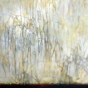 Large abstract painting with layers of darks and lights and striking mark, making