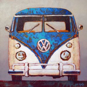 Painting of Blue and White Volkswagen Bus