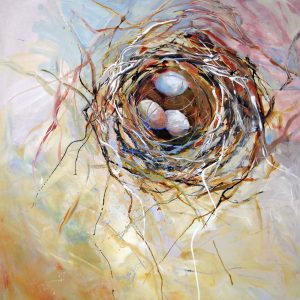 Abstracted painting of a bird nest with three aggs