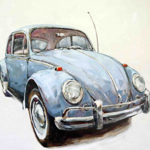 Light blue Volkswagen Beetle painting, front view, steering to the right