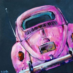 Whimsical painting of pink Volkswagen Beetle, leaning to the left, rear view