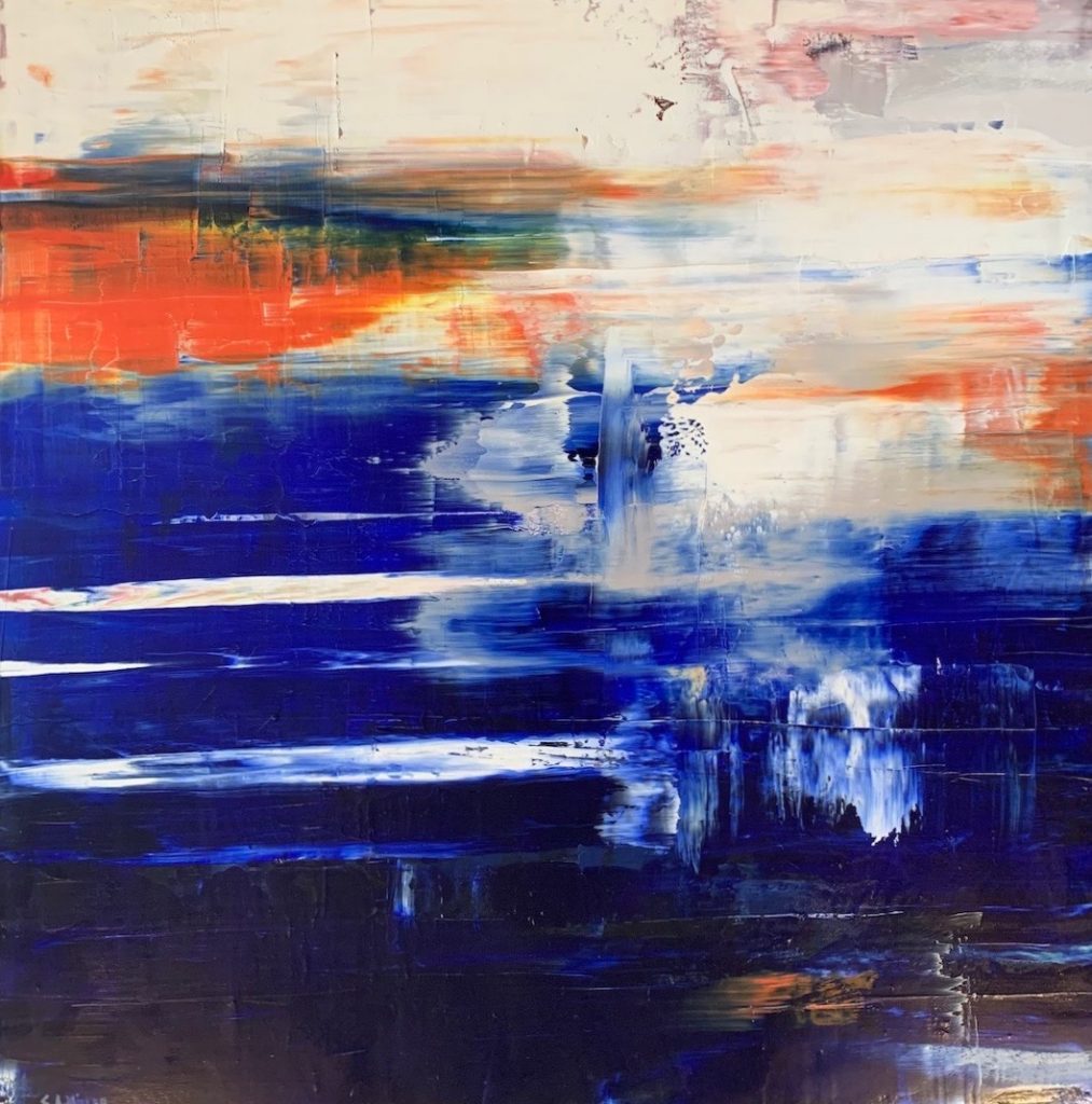Abstracted waterscape in blue, orange and white