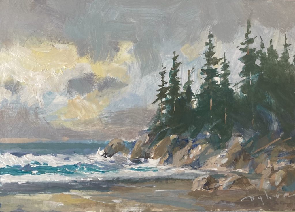 Impressionist painting of ocean shoreline with trees and clouds