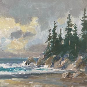 Impressionist painting of ocean shoreline with trees and clouds